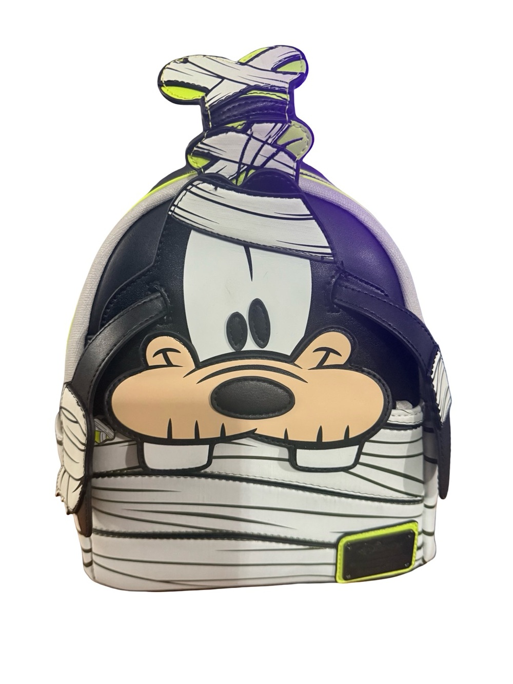 Loungefly Goofy Mummy Backpack in Black, White, Beige, Neon Yellow